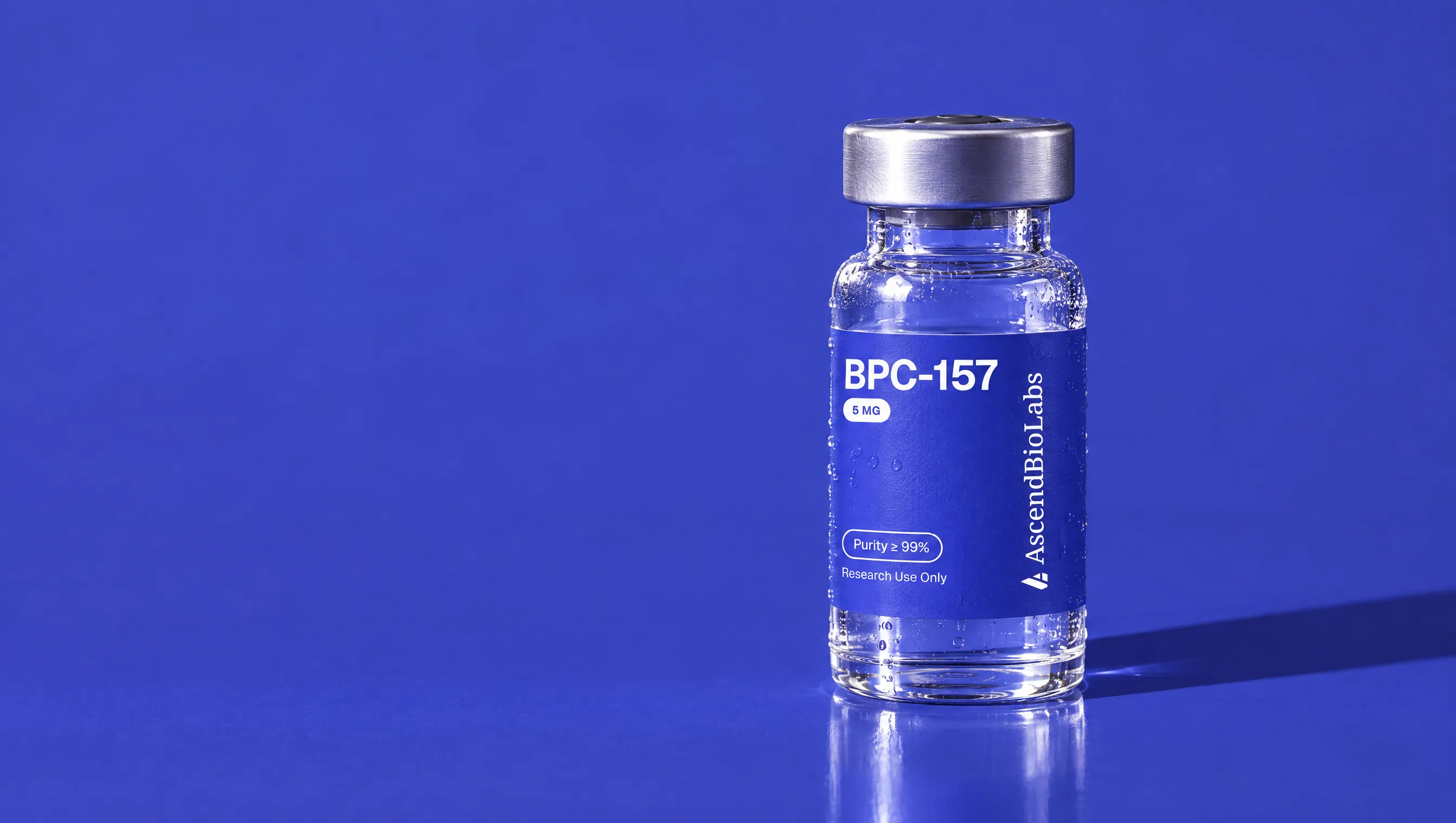 A BPC-157 vial on a blue backdrop