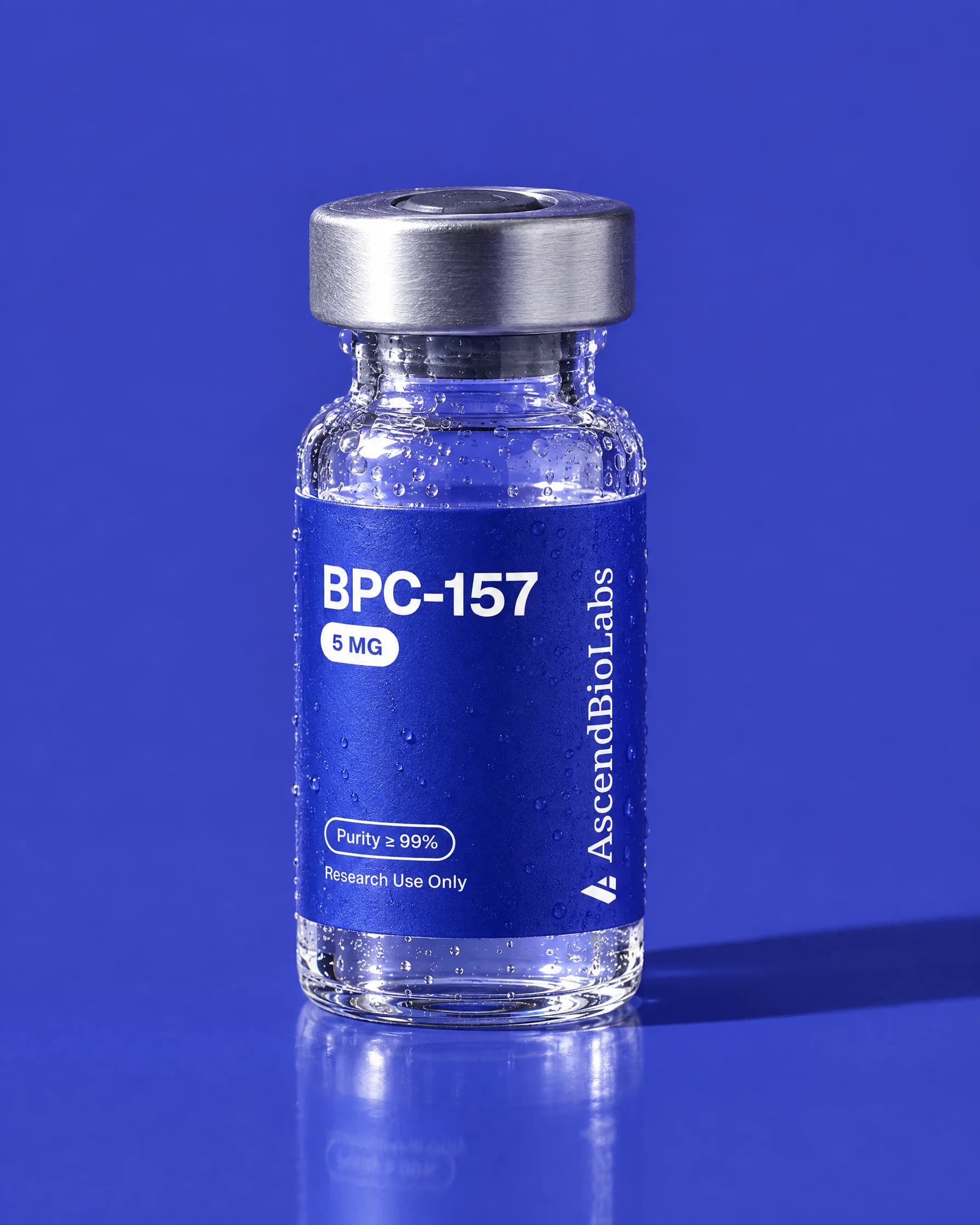 A BPC-157 vial on a blue backdrop
